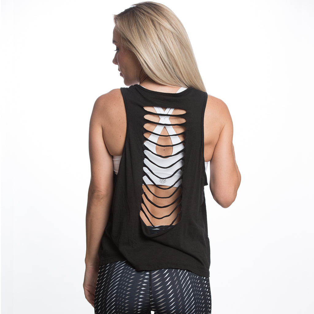 BLACK OPEN TWIST BACK TANK