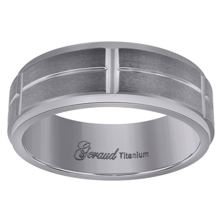 Titanium Mens Brushed Center Grooved Ridged Edge Comfort Fit Wedding Band 7mm Size 8.5