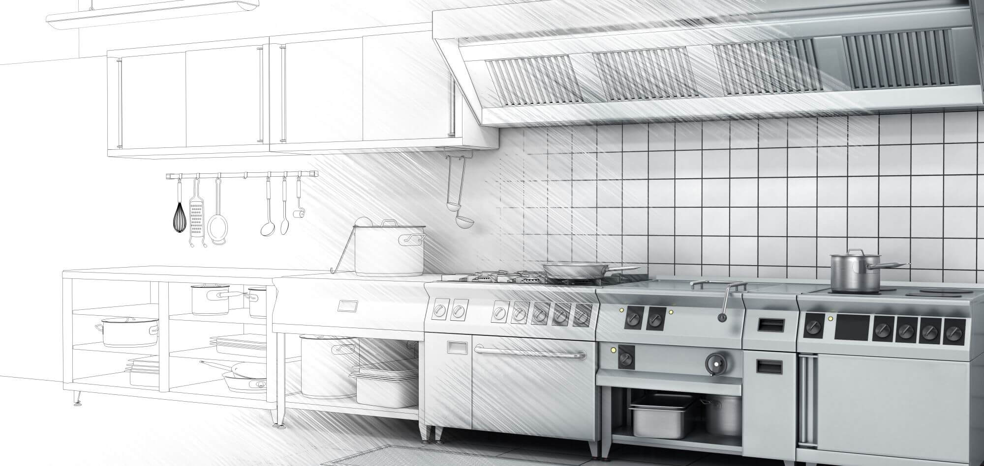 Graphic Showing Commercial Kitchen Sketch fading to Final Design