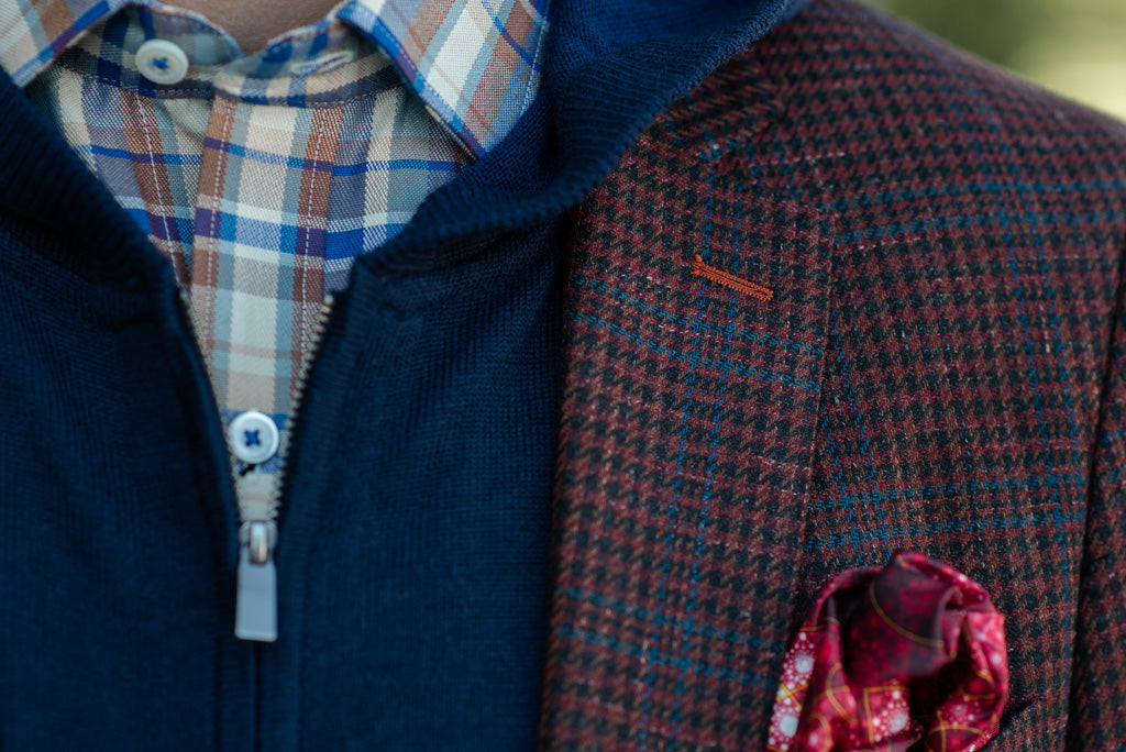 layered fall outfit with sport coat and hooded sweater