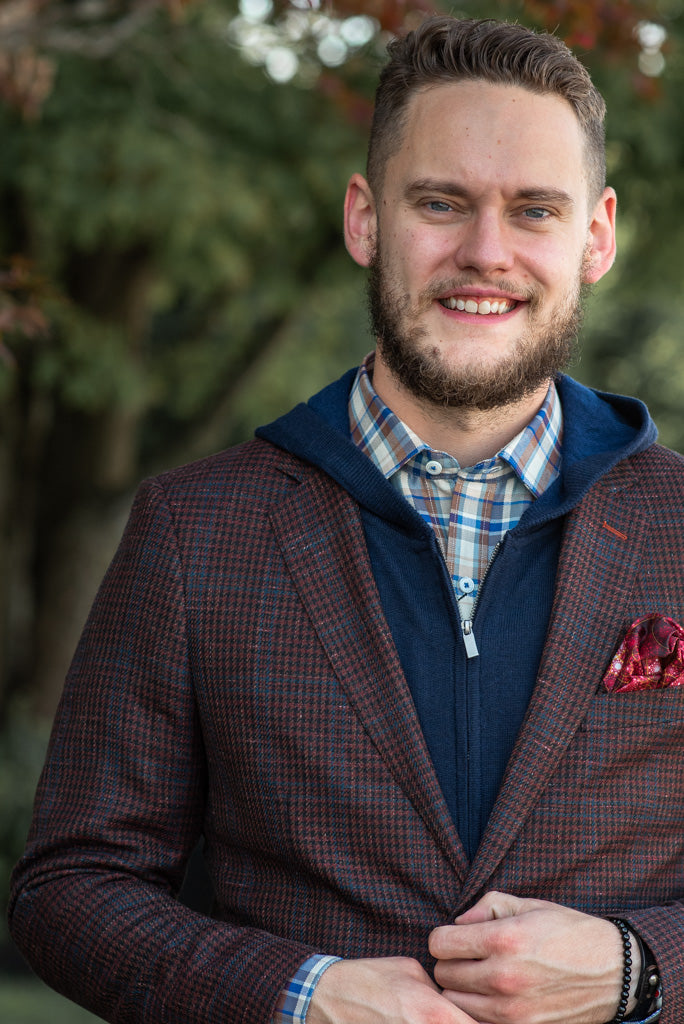 layered fall outfit with sport coat and hooded sweater