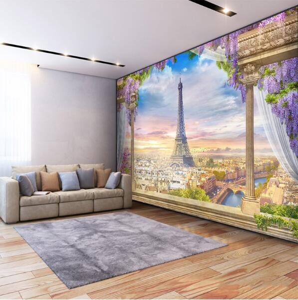 Balcony Overlooking Paris and Eiffel Tower Wallpaper Mural, Custom Siz ...