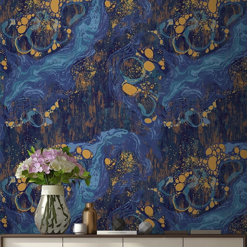 Exotic Blue and Gold Abstract Wallpaper Mural, Custom Sizes Available