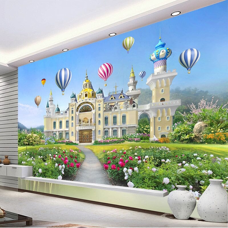 Fantasy Castle and Balloons Wallpaper Mural, Custom Sizes Available
