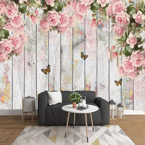 Charming Pink Roses And Butterflies With Wooden Fence Wallpaper Mural ...