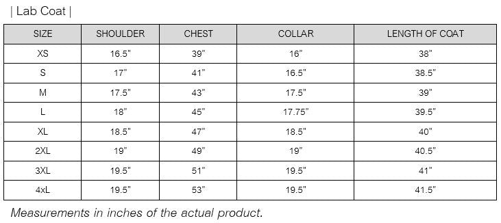 Unisex Lab Coat Size Chart