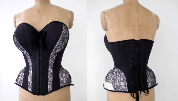 Bespoke corsetry for a 34FF client with black silk and french lace overlays