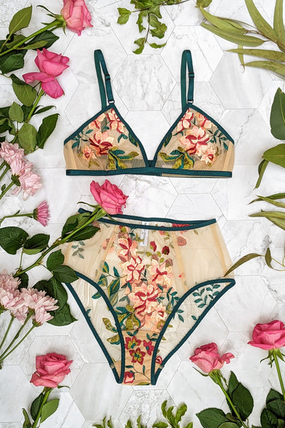 Camellia floral lingerie set with sheer nude panels and embroidered flowers