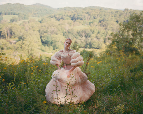 Ruffled pink ballgown with pink silk corset