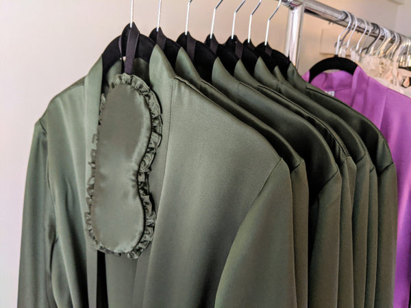 Bespoke silk robes in dark green satin