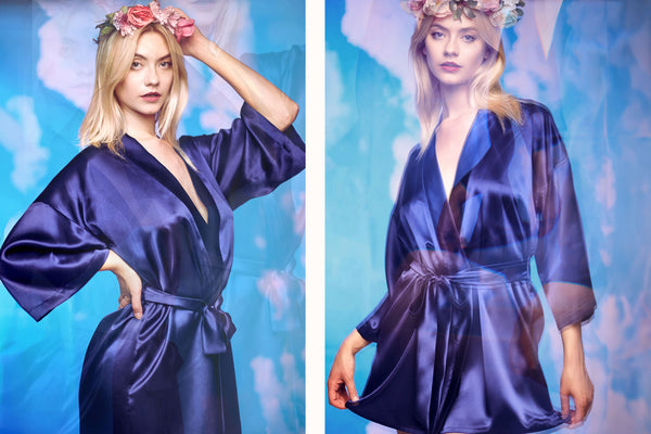 Blue robes in 100% pure silk satin with wrap fronts and silk belts