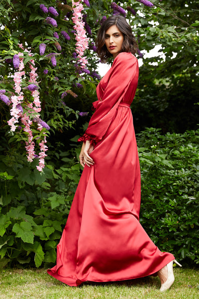 Vintage inspired dressing gown in red silk satin