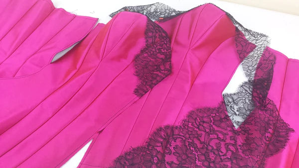 Bespoke corsetry by Angela Friedman in pink silk with black French lace