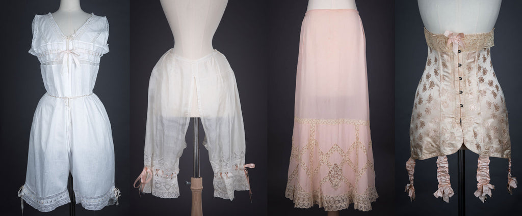 Victorian undergarments. Chemise, bustle cage, petticoat, corset and  drawers.