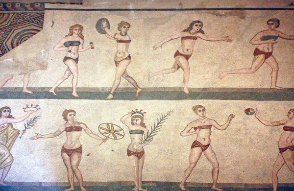 Bikini girls mosaic from 4th century Sicily, Roman mosaic art