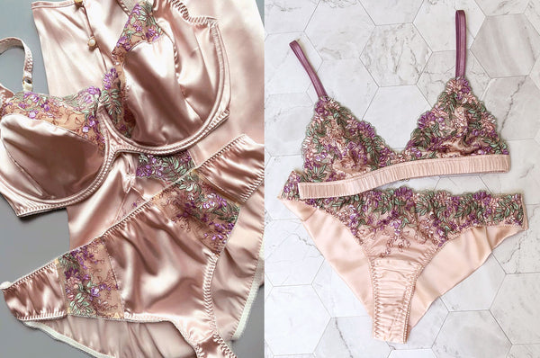 Pink silk lingerie sets from designers Angela Friedman and Harlow & Fox