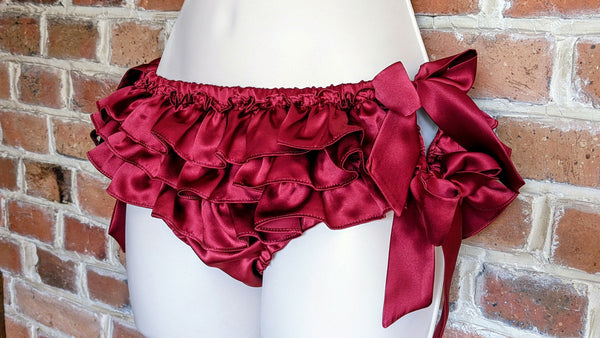 Red ruffled panties in silk satin