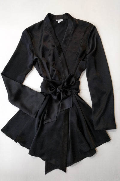 Black silk satin robe, now available in plus sizes up to XL and XXL