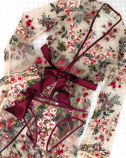 Embroidered floral robe with pink silk knickers