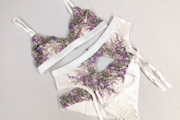 Bespoke silk lingerie set with an floral bralette and silk panties