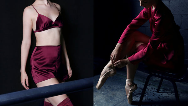 Angela Friedman designer vintage inspired lingerie and tap pants, 100% silk bralettes burgundy red lingerie and sleep shorts