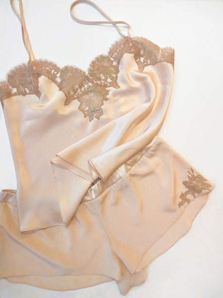 Vintage style camisole and tap pants set in pink silk and gold lace