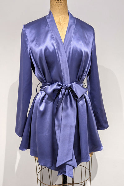 custom 100% silk robe with kimono wrap front and handkerchief hem