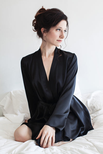 Black silk robe by Angela Friedman lingerie
