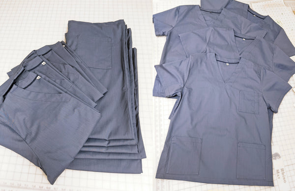 Light blue scrubs for the NHS, manufactured by Angela Friedman in London