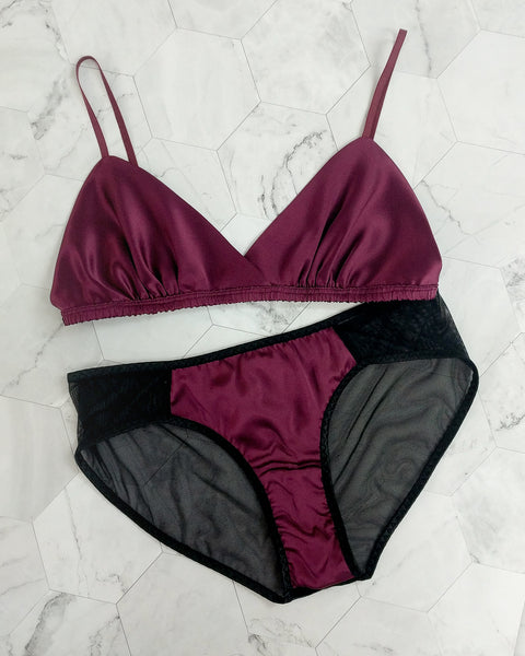 Wine red silk bralette and satin knickers