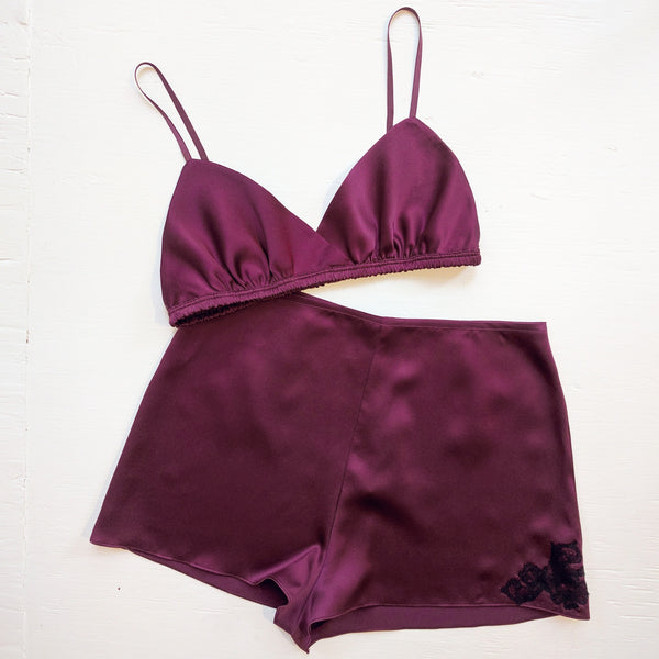 Wine red silk bralette and satin tap pants