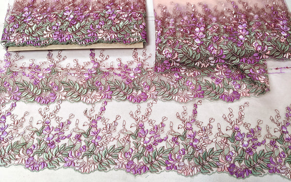 Embroidered tulle with purple wisteria flowers