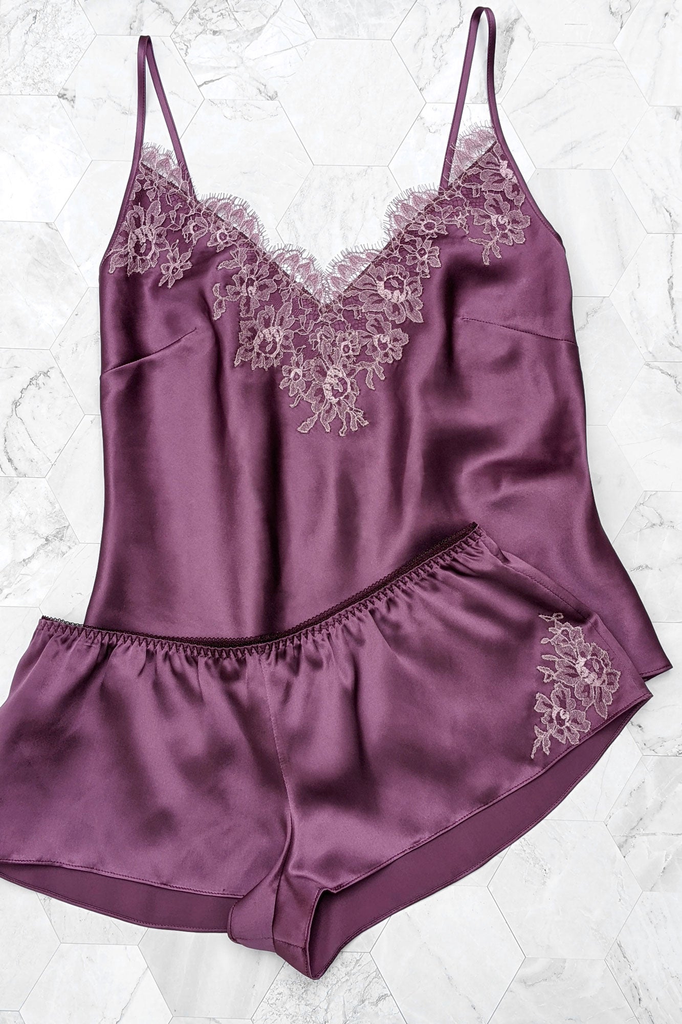 Logo silk satin and lace bralette in purple - Versace