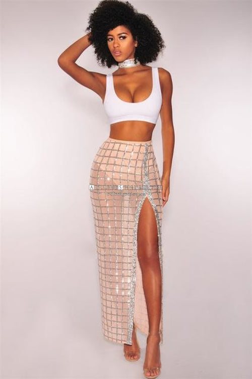 Two Piece Crop Tank Top Sequins High Slit Maxi Dress