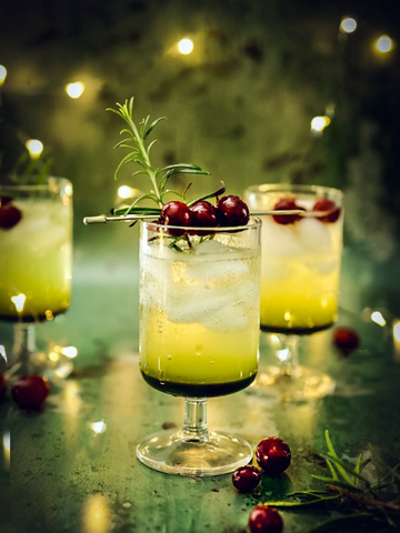 Cranberies on top of a glass of a matcha mocktail