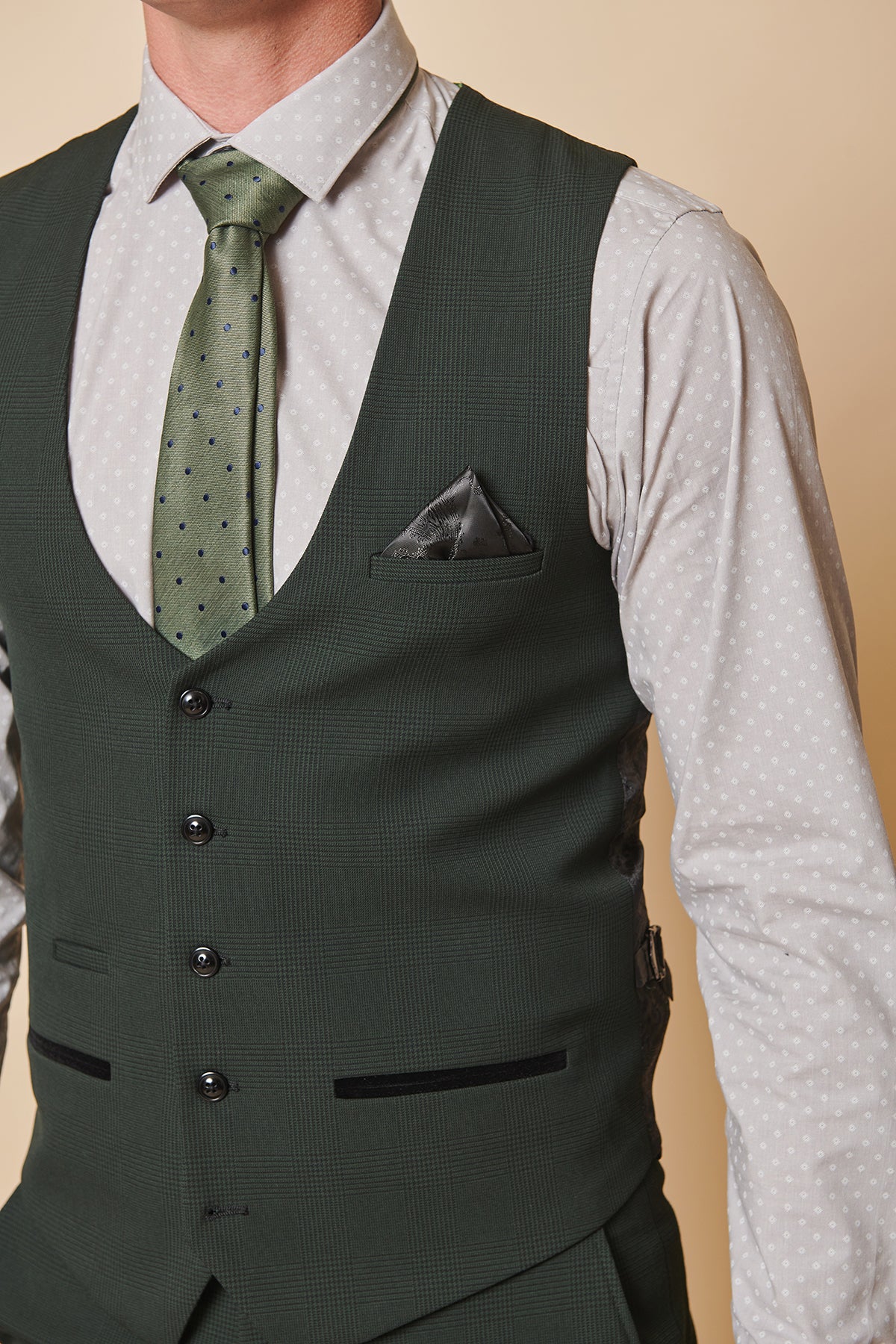 BROMLEY - Olive Green Single Breasted Check Waistcoat