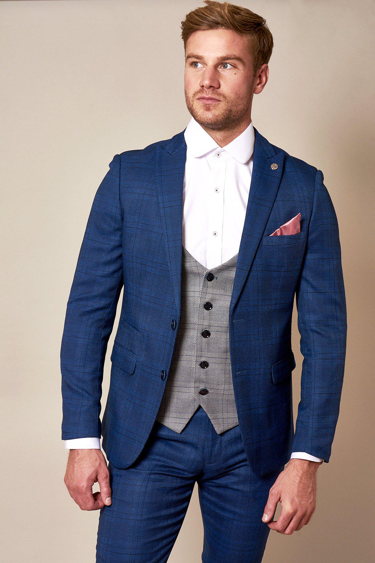 To Buy Simon Beige Jacket and Waistcoat with contrasting Navy Trousers   Top Mark Suits