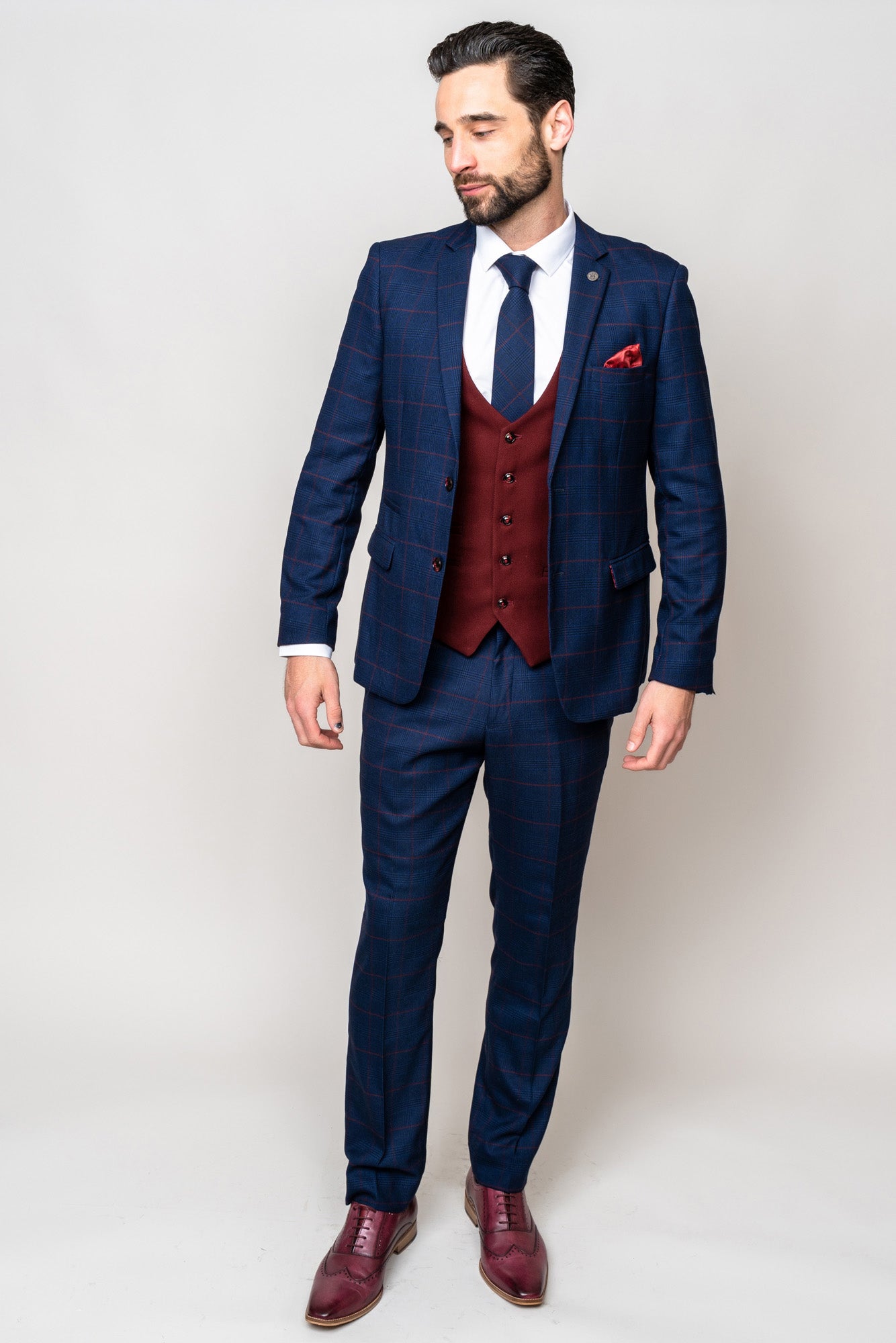 EDINSON - Navy Check Suit with Kelvin Wine Waistcoat