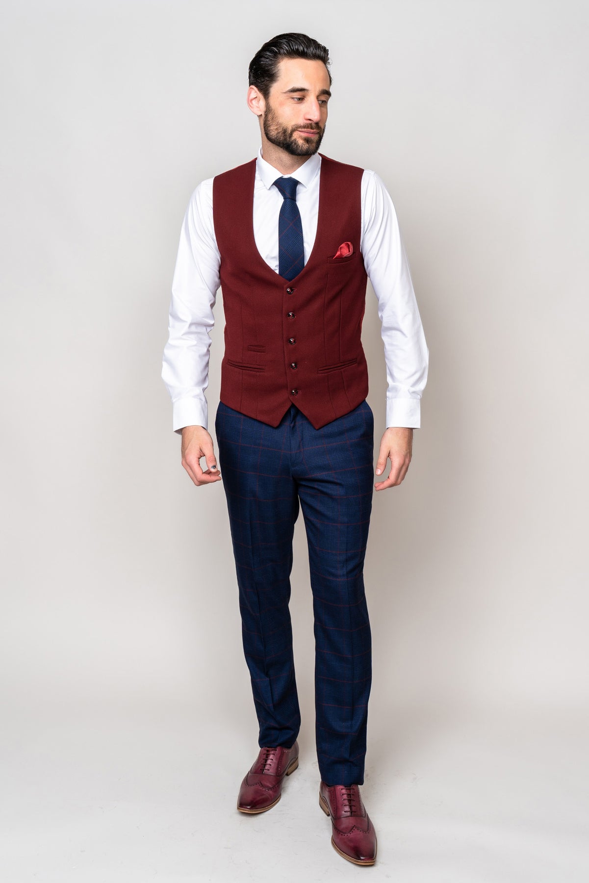 EDINSON - Navy Check Suit with Kelvin Wine Waistcoat – Marc Darcy