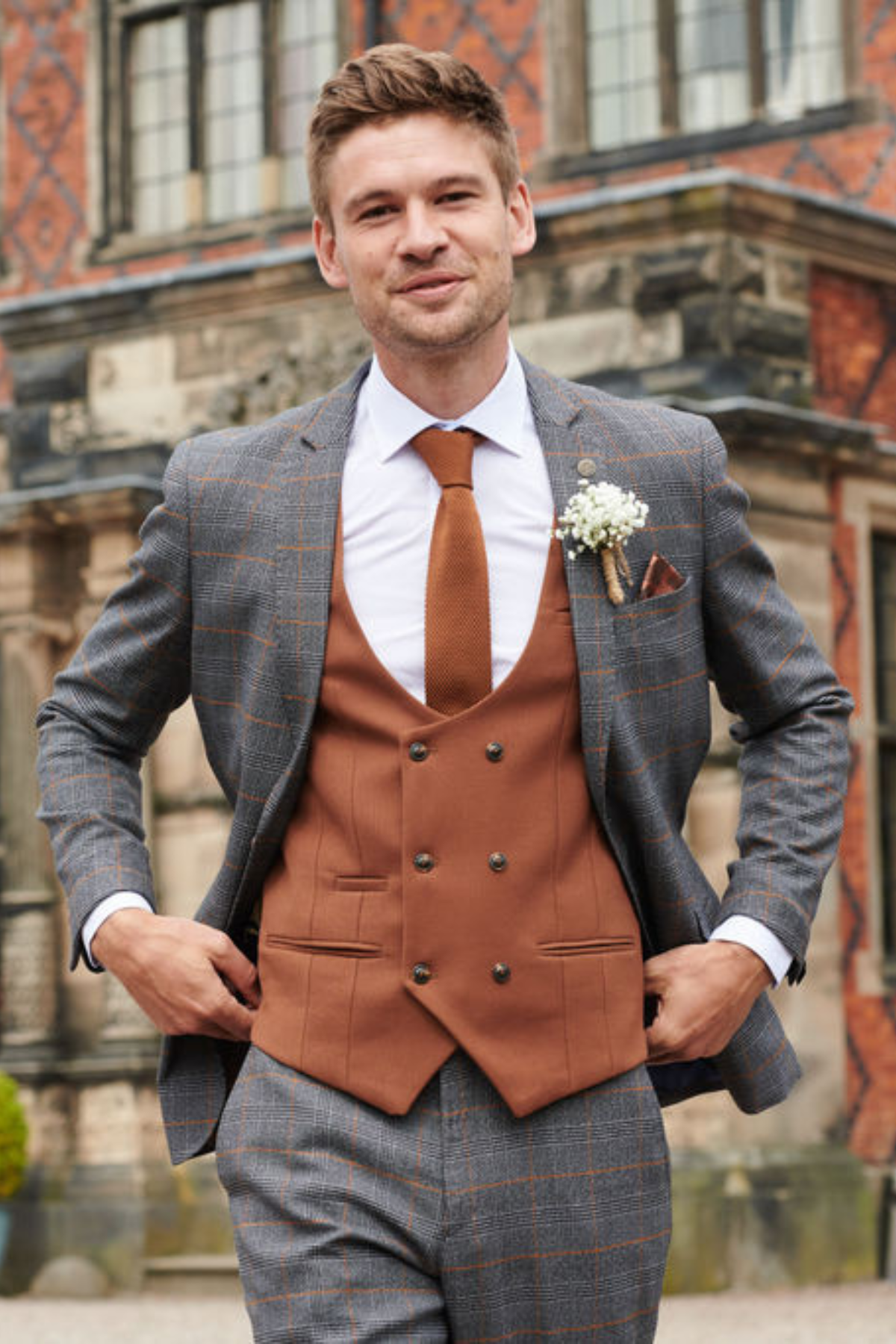 JENSON - Grey Check Suit With KELVIN Tan Waistcoat