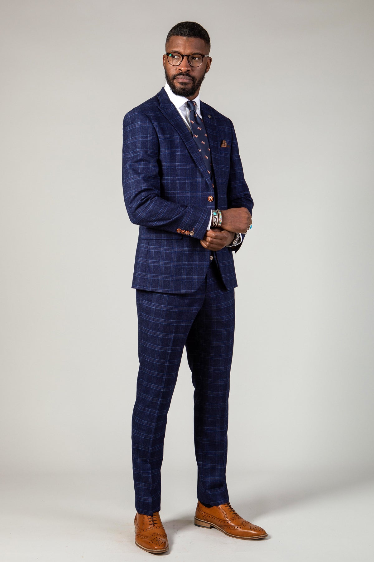 chequered navy suit