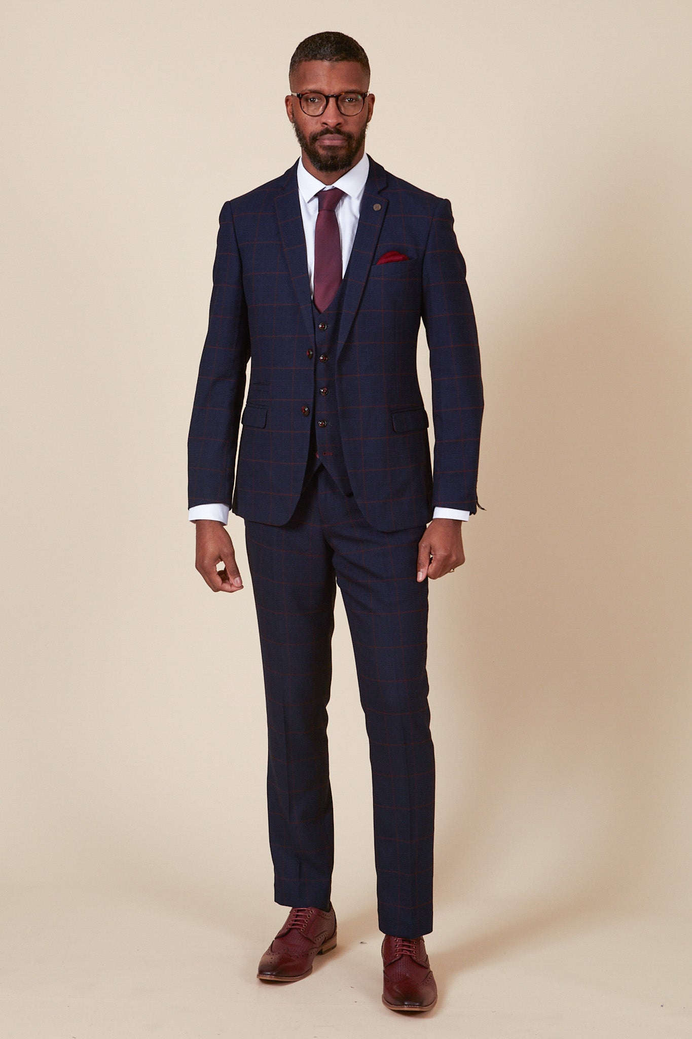 EDINSON - Navy Wine Check Three Piece Suit