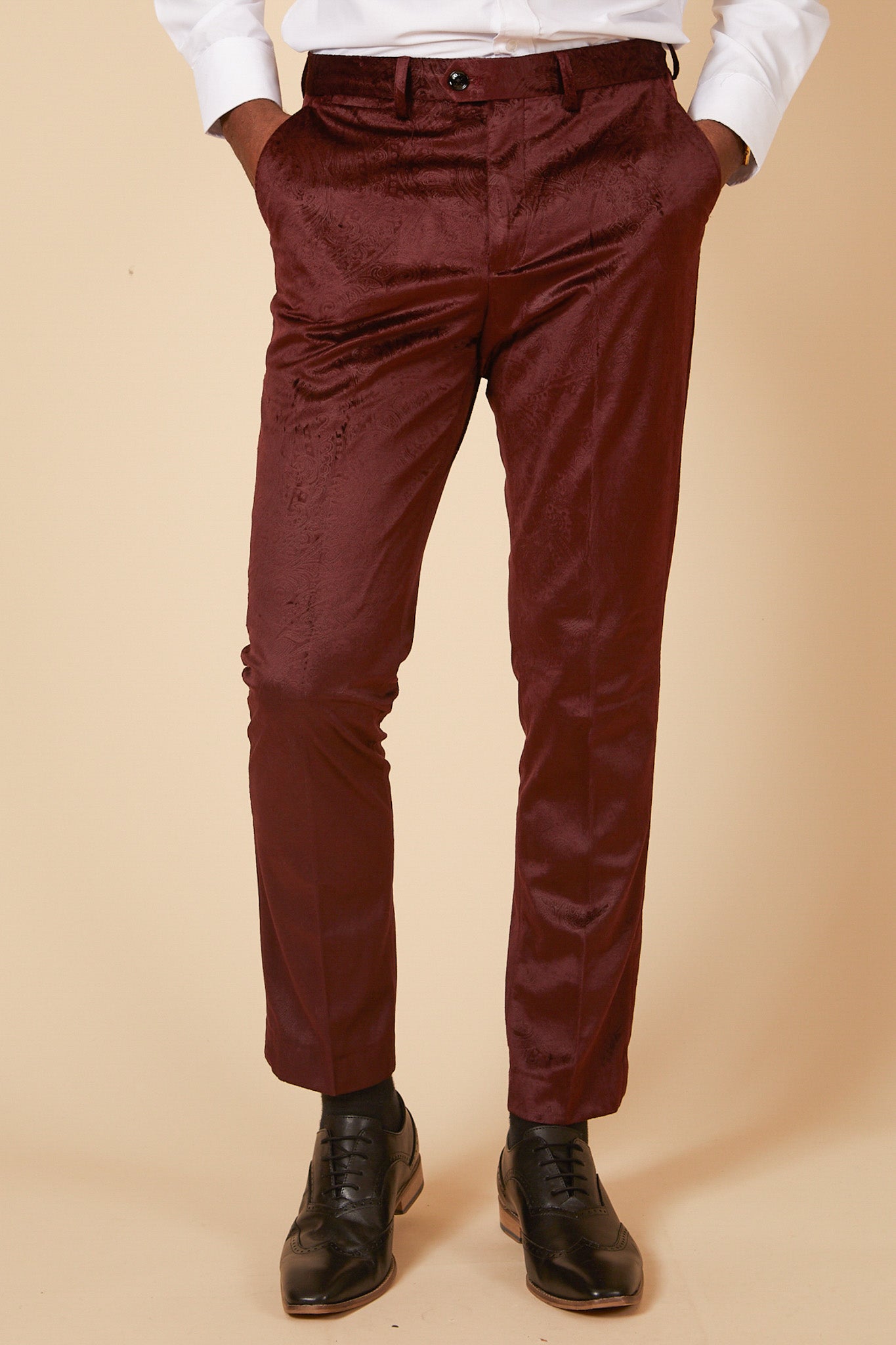 SIMON - Wine Velvet Jacquard Trousers