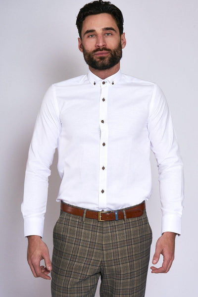 Man wearing CHARLIE - White Button Down Collar Shirt With Tan Buttons-Marc Darcy Menswear