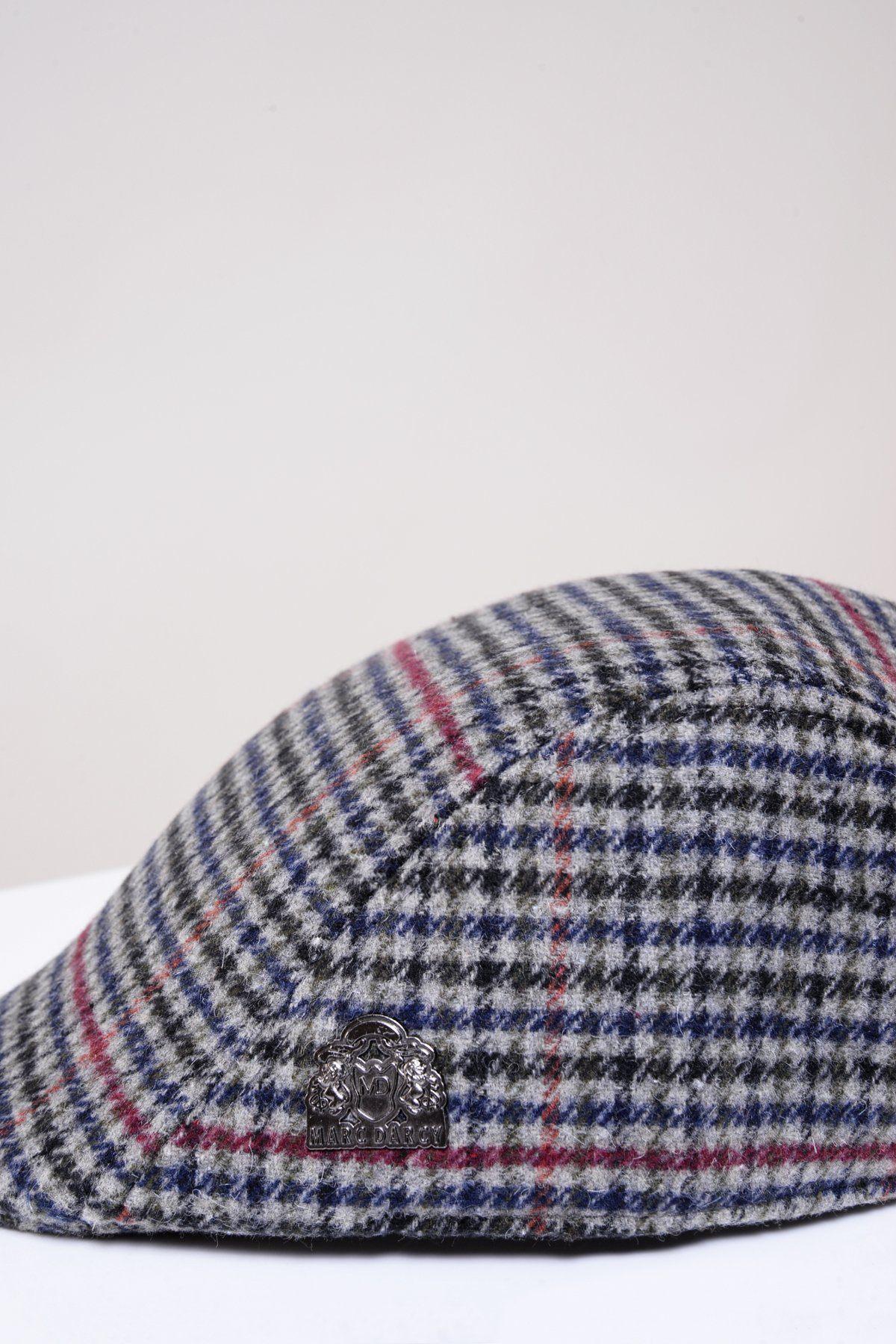 EDWARD - Navy Grey Check Tweed Flat Cap