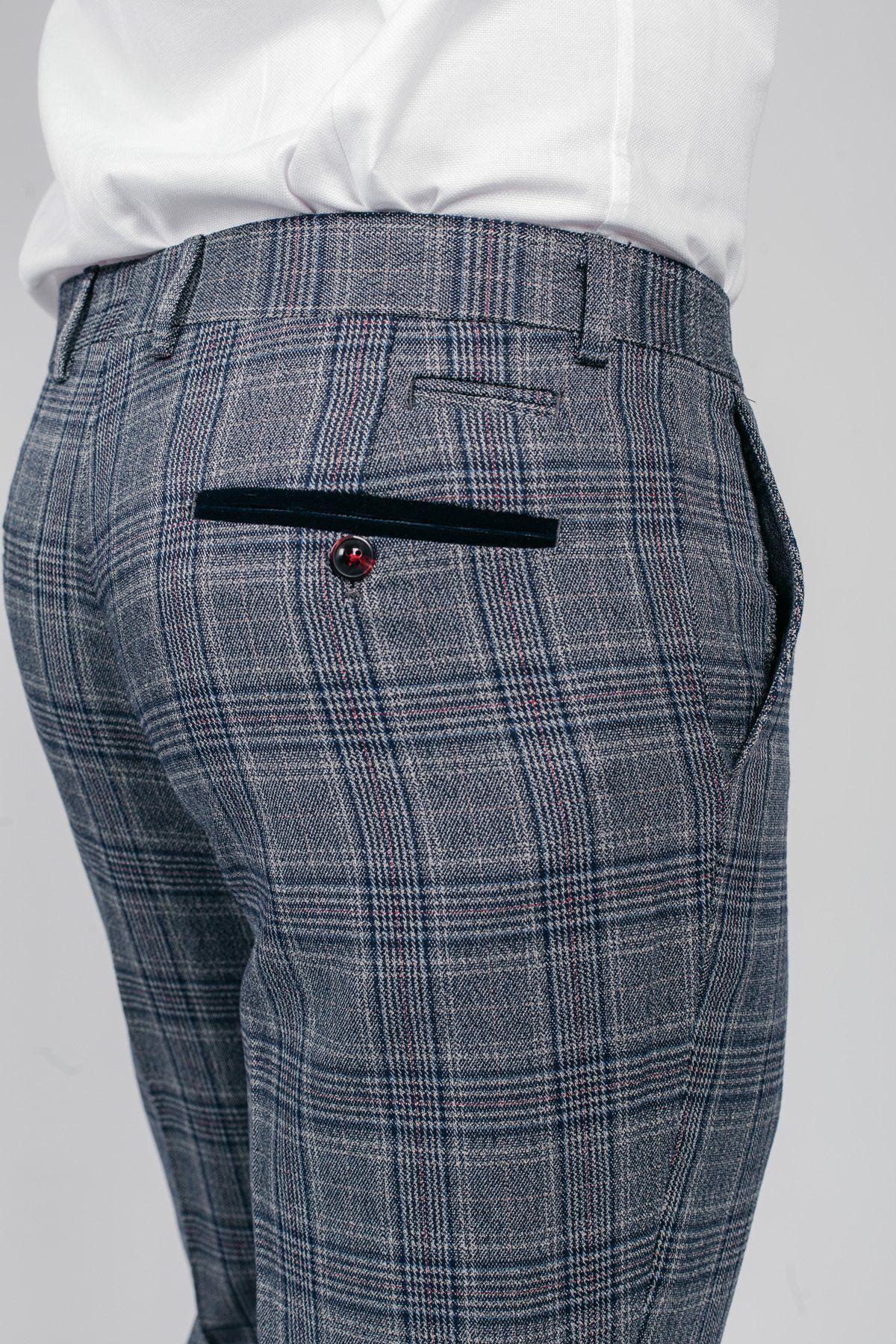 ENZO - Blue Grey Check Tweed Trousers