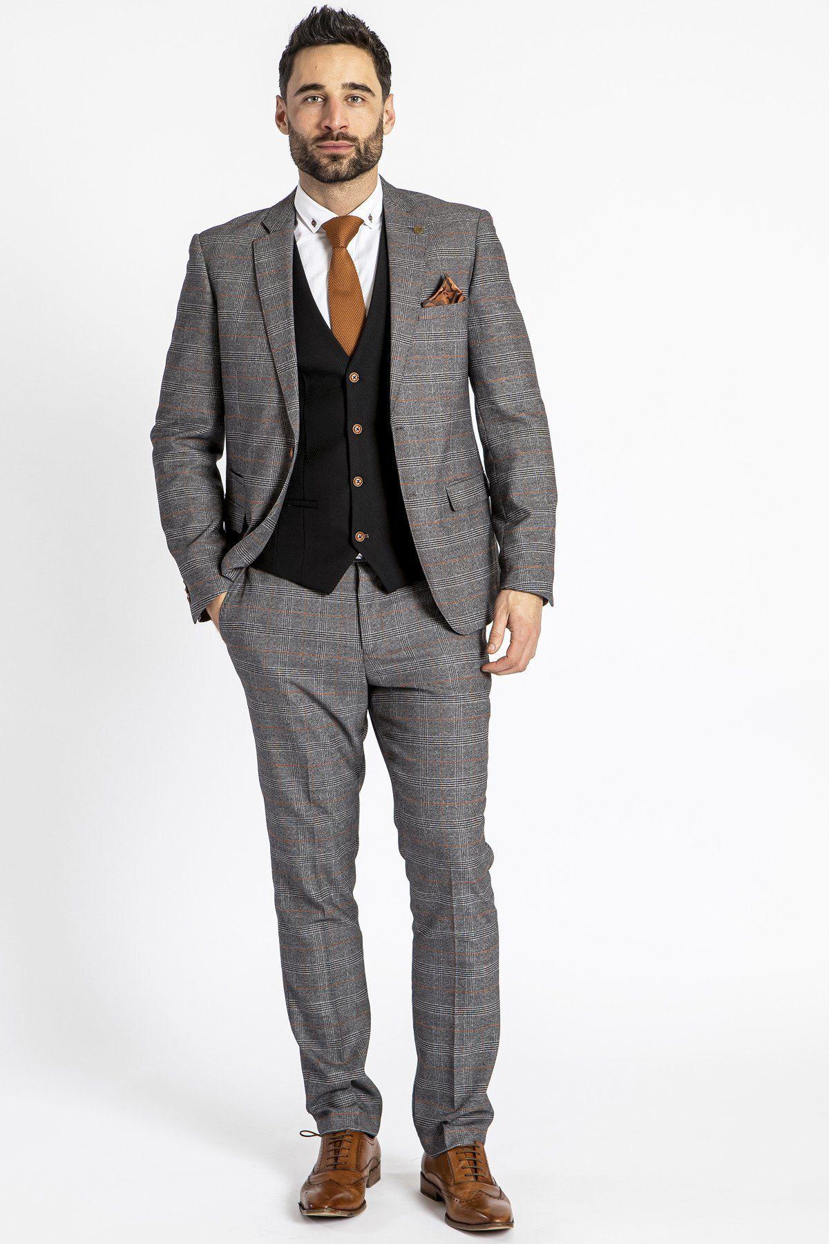 JENSON - Grey Check Suit With MAX Black Waistcoat