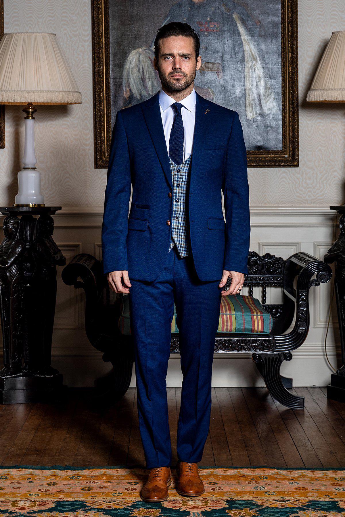 navy blue trousers and waistcoat