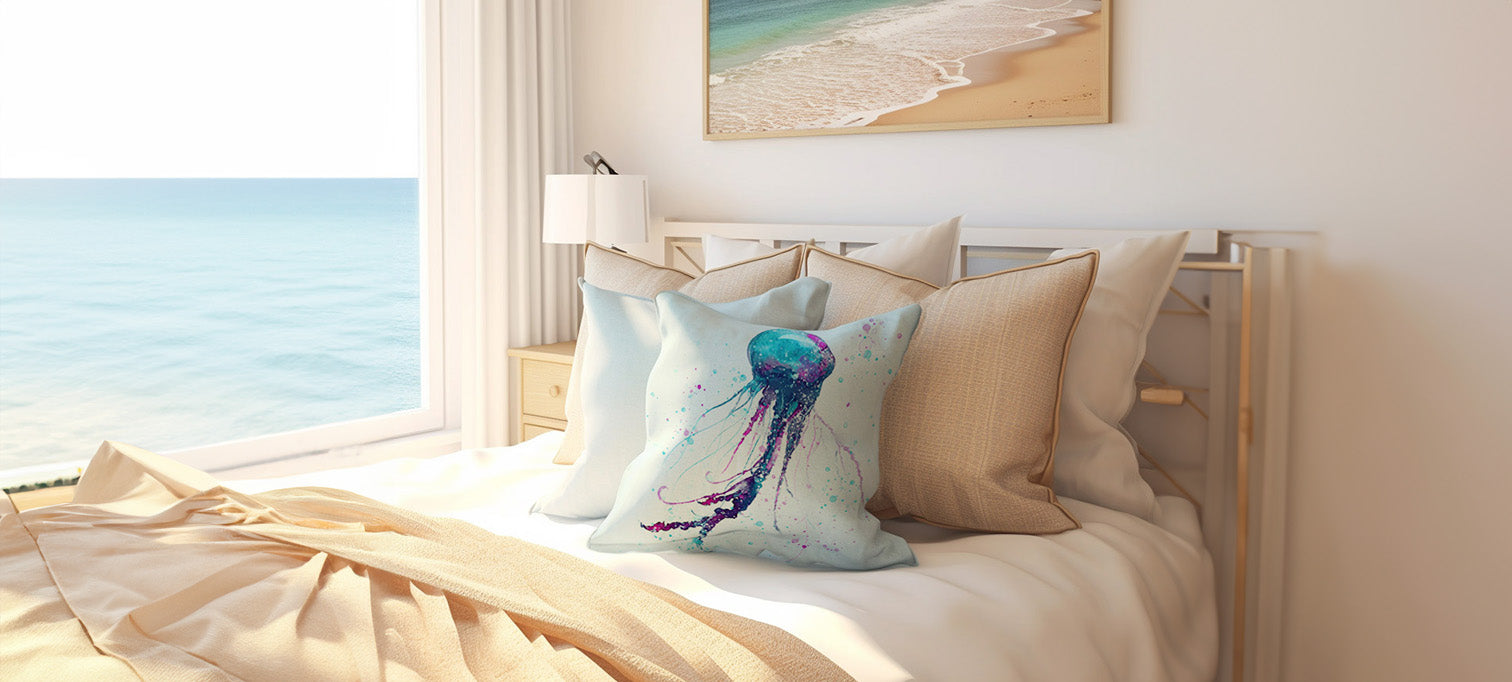 Jellyfish Throw Pillow in the bedroom with ocean view