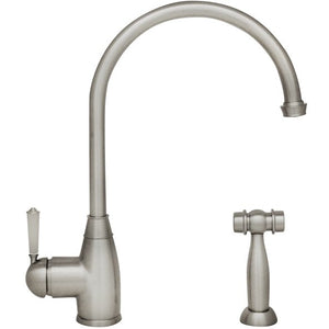 Whitehaus Queenhaus Single Lever Faucet with Long Gooseneck Spout, Porcelain Single Lever Handle and Solid Brass Side Spray